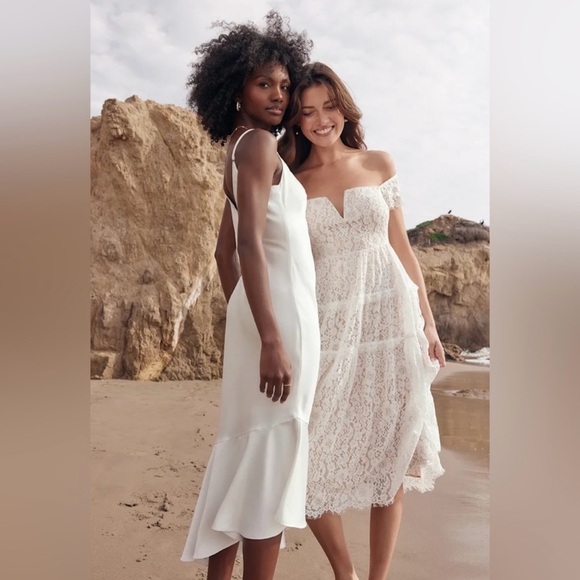 Lulus elegant Lace Off-Shoulder White Dress - Picture 3 of 8